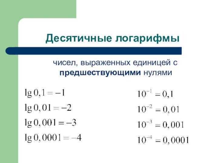 Десятичные логарифмы  чисел, выраженных единицей с предшествующими нулями