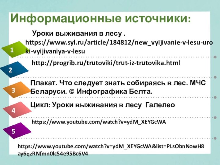 Информационные источники:  Уроки выживания в лесу . https://www.syl.ru/article/184812/new_vyijivanie-v-lesu-uroki-vyijivaniya-v-lesuhttp://progrib.ru/trutoviki/trut-iz-trutovika.htmlhttps://www.youtube.com/watch?v=ydM_XEYGcWAhttps://www.youtube.com/watch?v=ydM_XEYGcWA&list=PLsObnNowH8ay6qzRNfmn0lc54e95Bc6V4