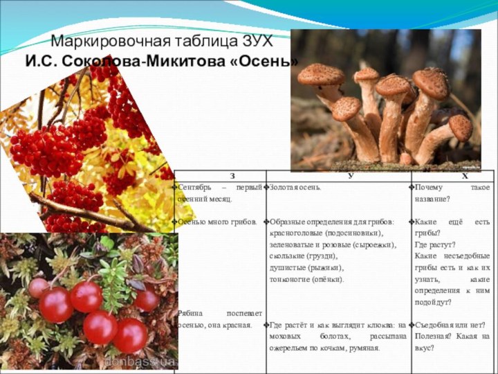 Маркировочная таблица ЗУХ  И.С. Соколова-Микитова «Осень»