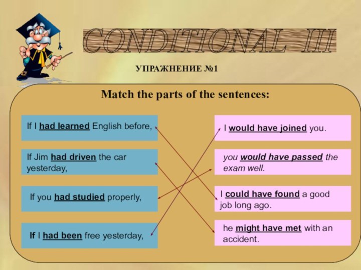 CONDITIONAL III УПРАЖНЕНИЕ №1 Match the parts of the sentences:If I