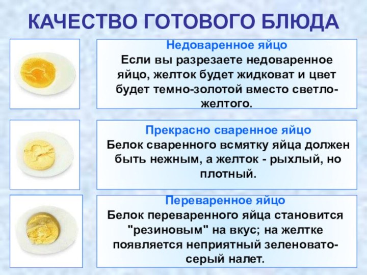 Прекрасно сваренное яйцо Белок сваренного всмятку яйца должен быть нежным, а