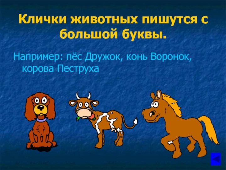 Клички животных пишутся с большой буквы.Например: пёс Дружок, конь Воронок, корова Пеструха