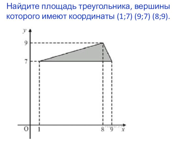 Найдите площадь треугольника, вершины которого имеют координаты (1;7) (9;7) (8;9).