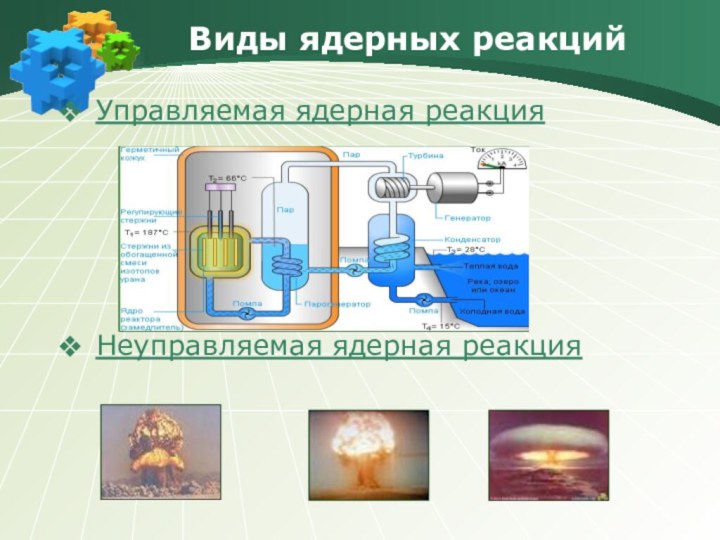 Виды ядерных реакцийУправляемая ядерная реакцияНеуправляемая ядерная реакция