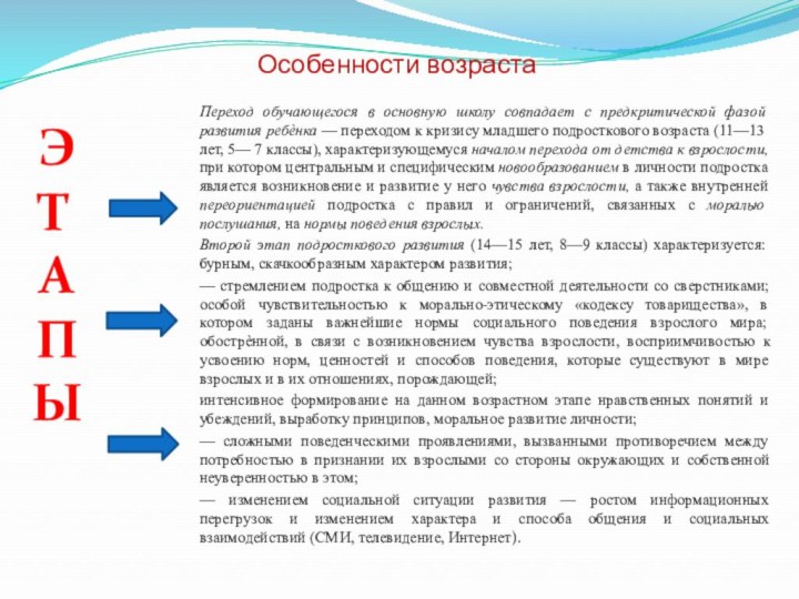 Особенности возрастаЭТАПЫПереход обучающегося в основную школу совпадает с предкритической фазой развития ребѐнка