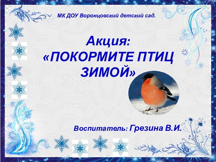 Акция:  «ПОКОРМИТЕ ПТИЦ ЗИМОЙ» Воспитатель: Грезина В.И.МК ДОУ Воронцовский детский сад.