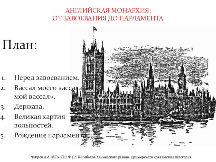 АНГЛИЙСКАЯ МОНАРХИЯ: ОТ ЗАВОЕВАНИЯ ДО ПАРЛАМЕНТАПеред завоеванием.Вассал моего вассала — мой вассал».Держава.