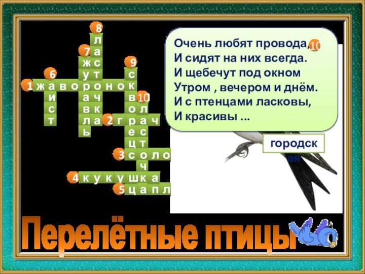 жаворонокистужавльтсалчкасворецгачлсточкасловейцпляашукук123456789Перелётные птицы