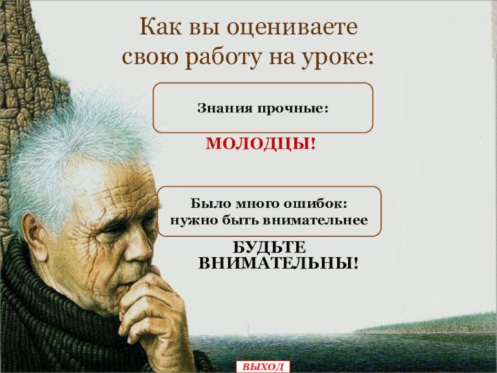 БУДЬТЕ ВНИМАТЕЛЬНЫ!Было много ошибок: нужно быть внимательнееМОЛОДЦЫ!Знания прочные: ВЫХОДКак вы оцениваете свою работу на уроке: