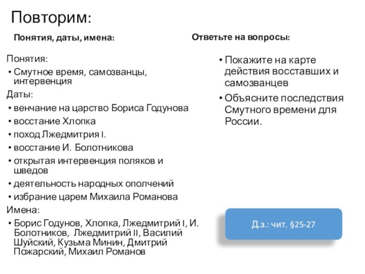 Повторим:Понятия, даты, имена:Понятия:Смутное время, самозванцы, интервенцияДаты:венчание на царство Бориса Годуновавосстание Хлопкапоход Лжедмитрия