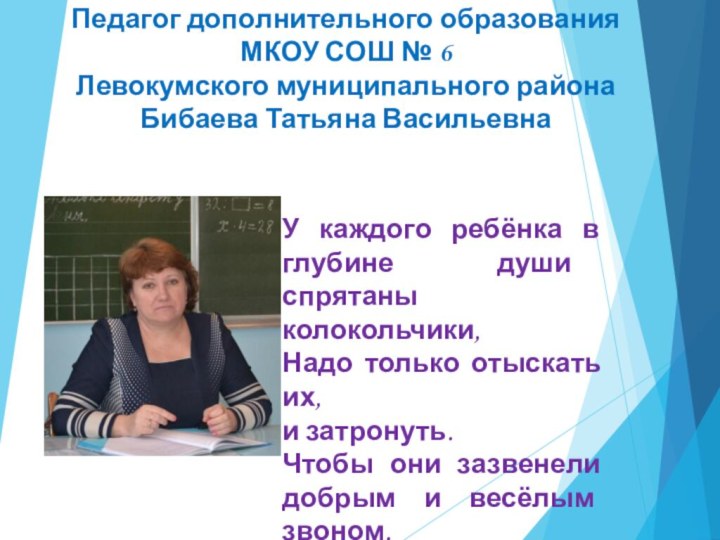 Педагог дополнительного образования МКОУ СОШ № 6 Левокумского муниципального района Бибаева Татьяна