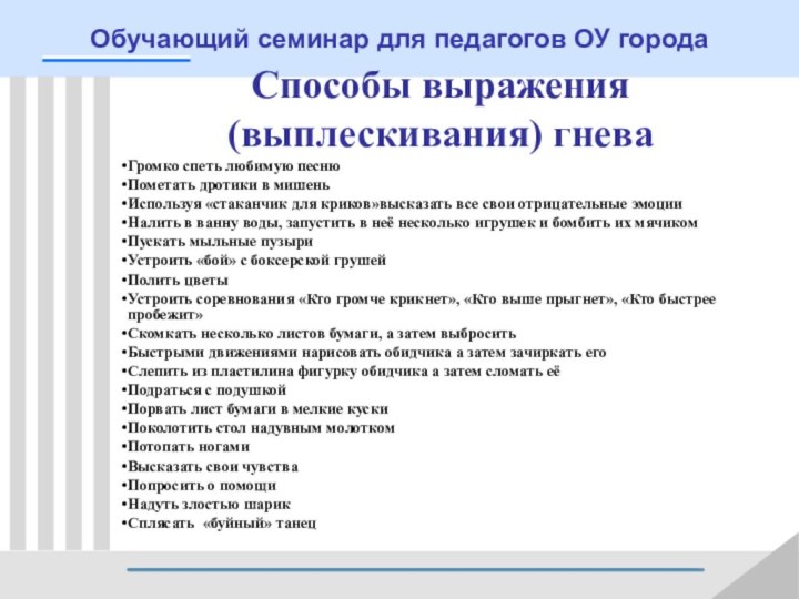 Обучающий семинар для педагогов ОУ города Способы выражения (выплескивания) гневаГромко спеть любимую