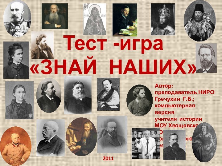 Тест -игра «ЗНАЙ НАШИХ»Автор: преподаватель НИРО Гречухин Г.Б.;компьютерная версия учителя истории МОУ