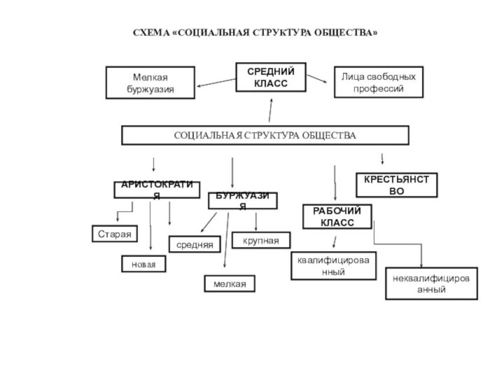 СОЦИАЛЬНАЯ СТРУКТУРА ОБЩЕСТВААРИСТОКРАТИЯБУРЖУАЗИЯСРЕДНИЙ КЛАССРАБОЧИЙ КЛАССКРЕСТЬЯНСТВОСтараяноваямелкаянеквалифицированныйквалифицированныйкрупнаясредняя СХЕМА «СОЦИАЛЬНАЯ СТРУКТУРА ОБЩЕСТВА»	Лица свободных профессийМелкая буржуазия