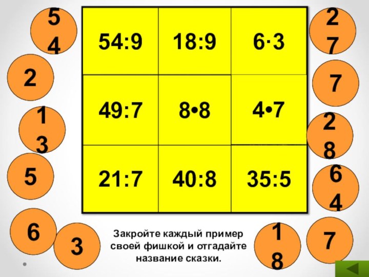 54:918:96·349:78•84•721:740:835:5718287356426135427Закройте каждый пример своей фишкой и отгадайте название сказки.