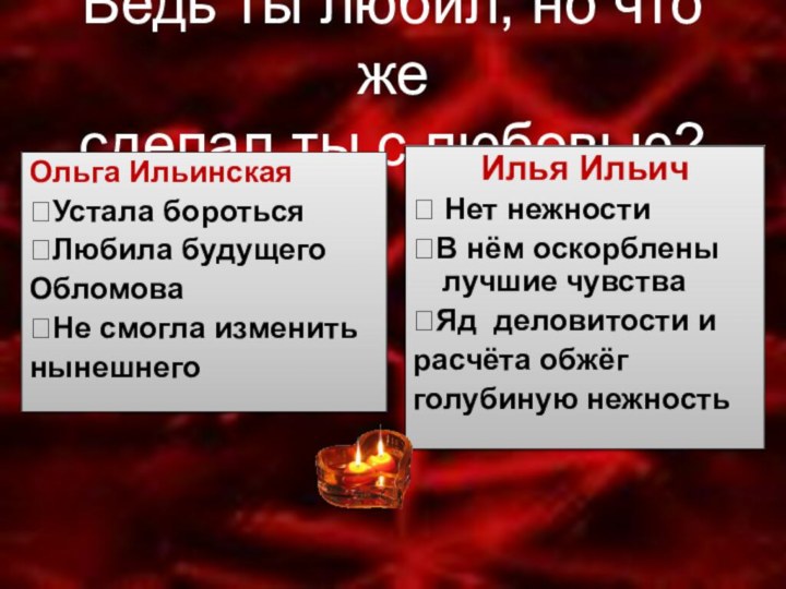 Ведь ты любил, но что же  сделал ты с любовью?Ольга ИльинскаяУстала