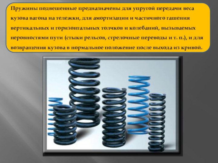 Пружины подвешенные предназначены для упругой передачи веса кузова вагона на тележки, для