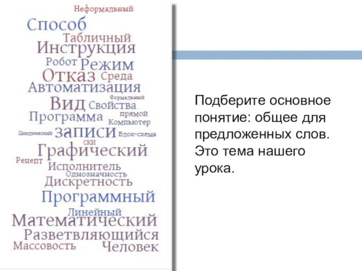 СодержаниеПодберите основное понятие: общее для предложенных слов.Это тема нашего урока.