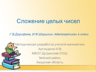 Презентация к уроку математики Сложение целых чисел