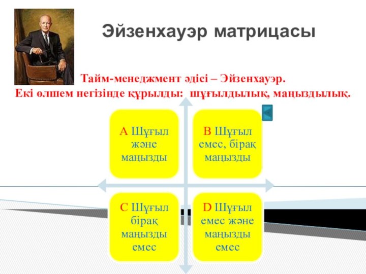 Эйзенхауэр матрицасыТайм-менеджмент әдісі – Эйзенхауэр.Екі өлшем негізінде құрылды: шұғылдылық, маңыздылық.