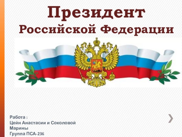 ПрезидентРоссийской Федерации Работа :Цейн Анастасии и Соколовой МариныГруппа ПСА-236