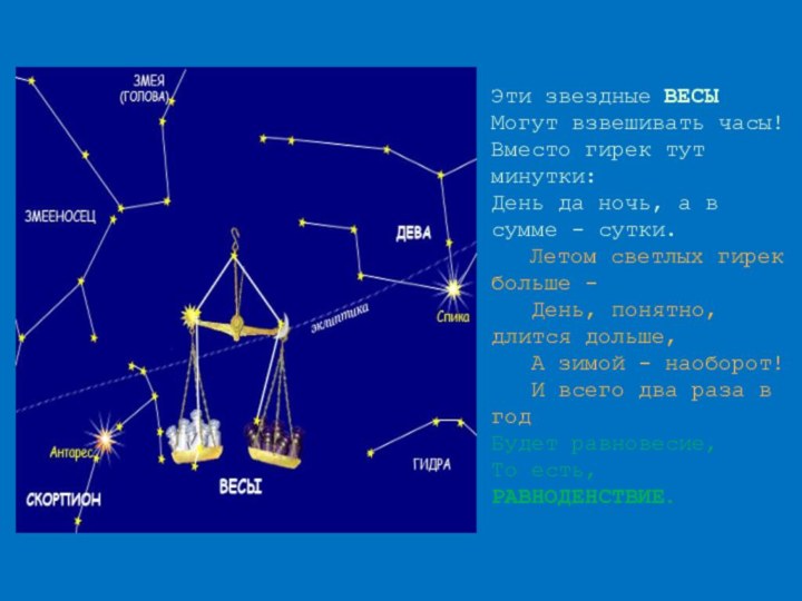 Эти звездные ВЕСЫМогут взвешивать часы!Вместо гирек тут минутки:День да ночь, а в