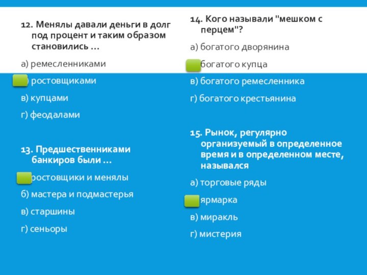 12. Менялы давали деньги в долг под процент и таким образом становились