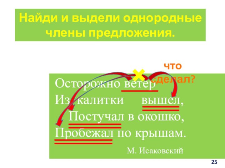 Найди и выдели однородные члены предложения. Осторожно ветер Из калитки