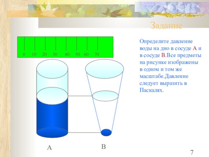 АВ010203040506070ЗаданиеОпределите давление воды на дно в сосуде А и в сосуде В.Все