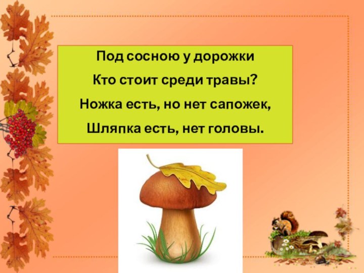 Под сосною у дорожкиКто стоит среди травы?Ножка есть, но нет сапожек,Шляпка есть, нет головы.