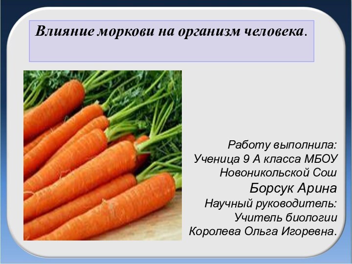 Работу выполнила: Ученица 9 А класса МБОУ Новоникольской Сош Борсук Арина Научный