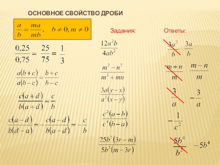 ОСНОВНОЕ СВОЙСТВО ДРОБИЗадания:Ответы: