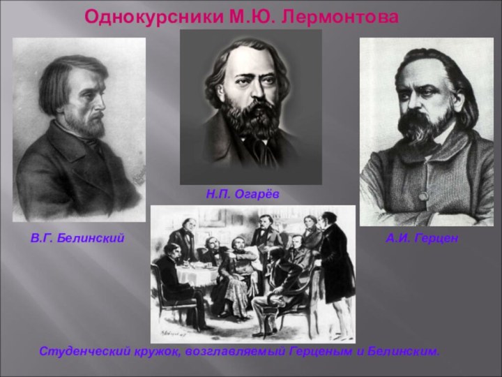 Однокурсники М.Ю. ЛермонтоваВ.Г. БелинскийА.И. ГерценН.П. ОгарёвСтуденческий кружок, возглавляемый Герценым и Белинским.