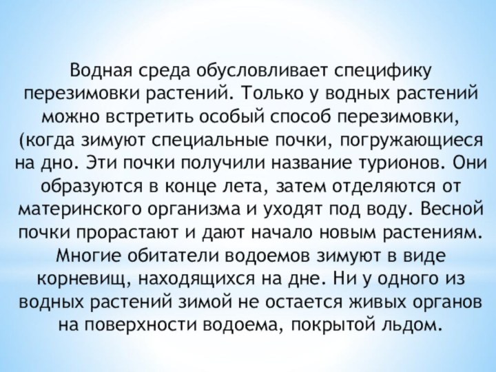 Водная среда обусловливает специфику перезимовки растений. Только у водных растений можно встретить