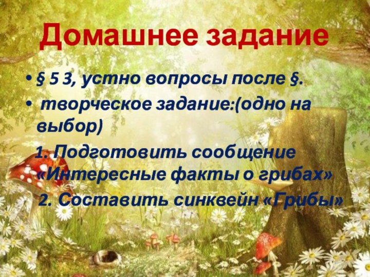 Домашнее задание§ 5 3, устно вопросы после §. творческое задание:(одно на выбор)