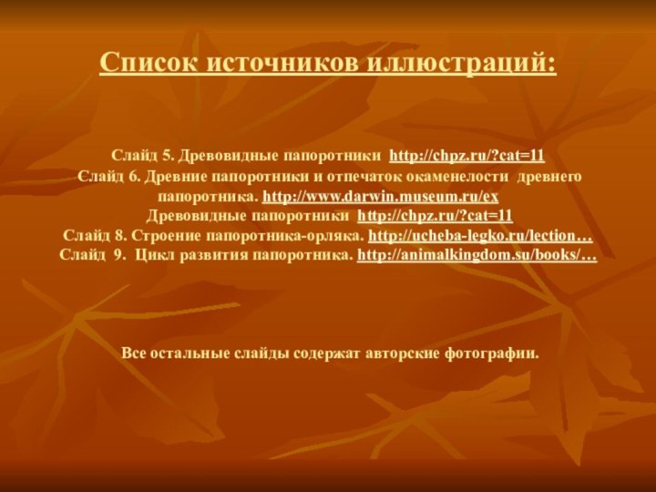 Cписок источников иллюстраций:   Слайд 5. Древовидные папоротники http://chpz.ru/?cat=11   Слайд