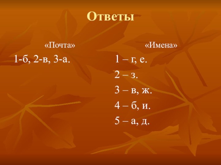 Ответы«Почта»1-б, 2-в, 3-а.«Имена»1 – г, е.2 – з.3 – в, ж.4 –