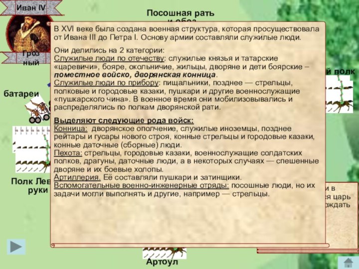 Сторожевойи передовойполкипехотаПосошная рать и обозПри Иване Грозном в центре строя создавали укрепление