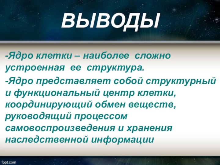 ВЫВОДЫ-Ядро клетки – наиболее сложно устроенная ее структура. -Ядро представляет собой структурный