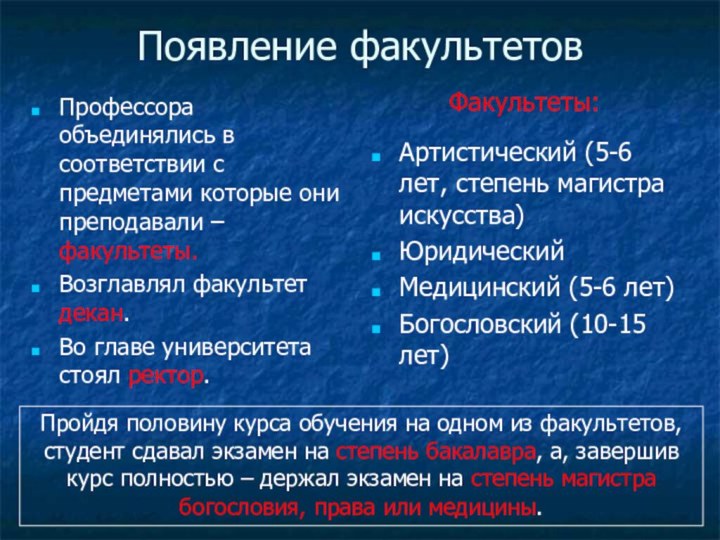 Появление факультетовПрофессора объединялись в соответствии с предметами которые они преподавали – факультеты.