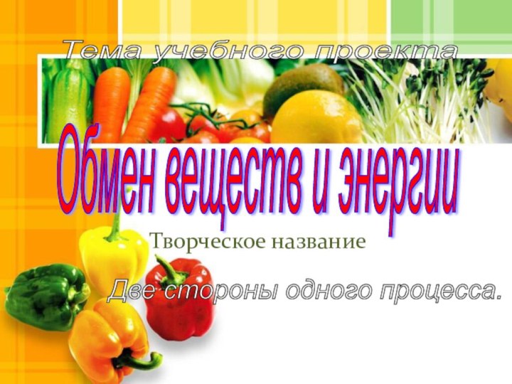 .Творческое названиеОбмен веществ и энергии Тема учебного проекта Две стороны одного процесса.