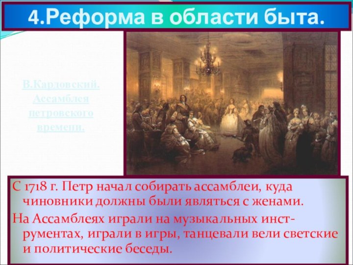 4.Реформа в области быта.С 1718 г. Петр начал собирать ассамблеи, куда чиновники