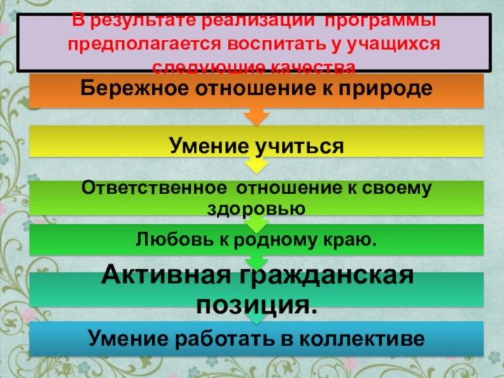 В результате реализации программы предполагается воспитать у учащихся следующие качества