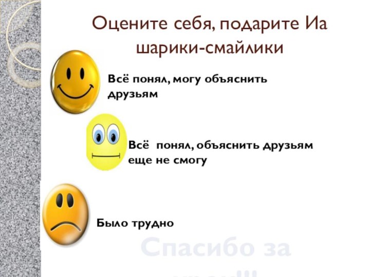 Оцените себя, подарите Иа шарики-смайликиСпасибо за урок!!!Всё понял, могу объяснить друзьямБыло трудноВсё