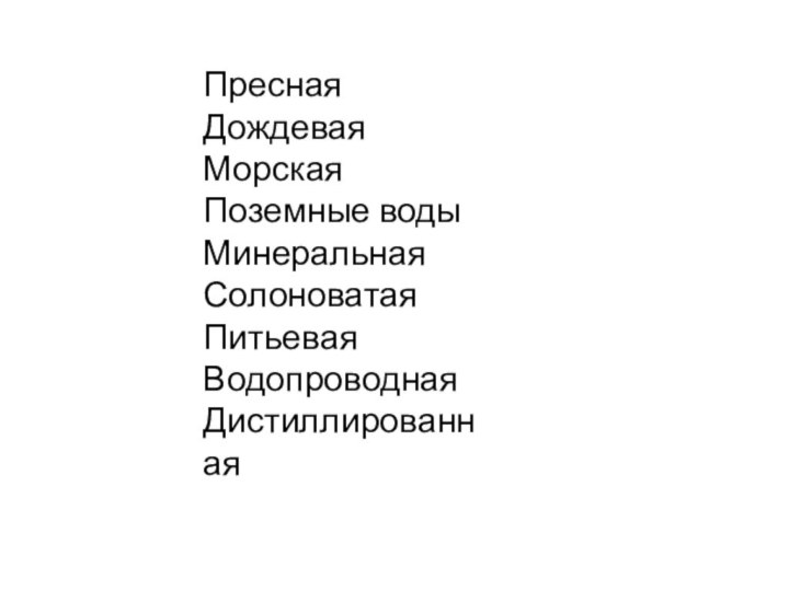 ПреснаяДождеваяМорскаяПоземные водыМинеральнаяСолоноватаяПитьеваяВодопроводнаяДистиллированная