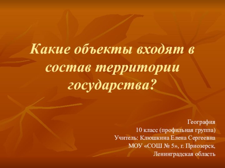 Какие объекты входят в состав территории государства?География10 класс (профильная группа)Учитель: Клюшкина Елена