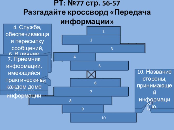 РТ: №77 стр. 56-57 Разгадайте кроссворд «Передача информации»123456789101. С его помощью можно