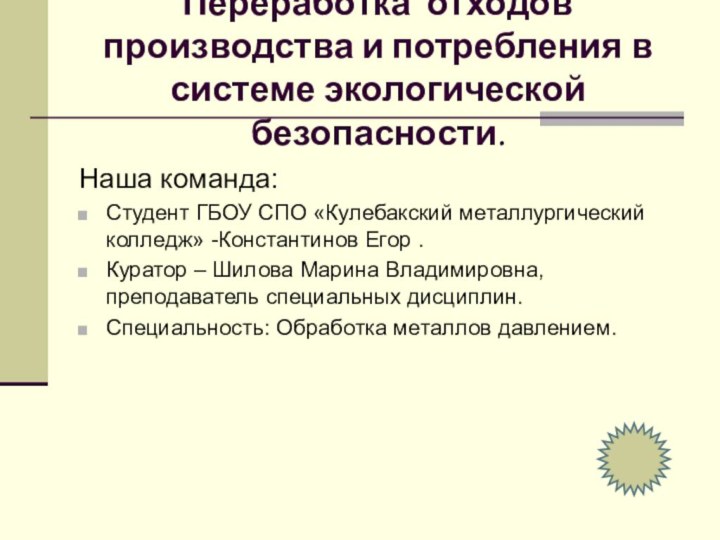 Переработка отходов производства и потребления в системе экологической безопасности.Наша команда:Студент ГБОУ СПО