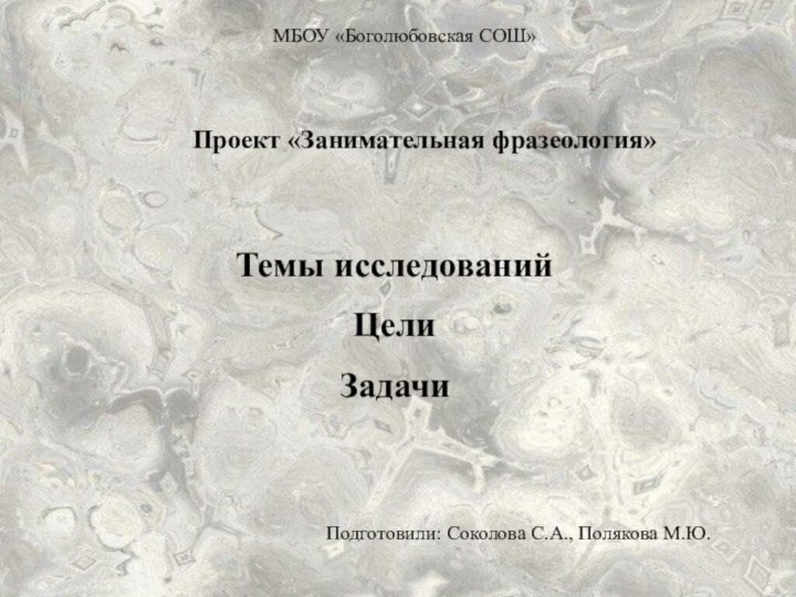 Темы исследованийЦелиЗадачи Проект «Занимательная фразеология»Подготовили: Соколова С.А., Полякова М.Ю.МБОУ «Боголюбовская СОШ»