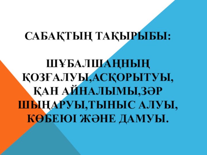 САБАҚТЫҢ ТАҚЫРЫБЫ:  ШҰБАЛШАҢНЫҢ ҚОЗҒАЛУЫ,АСҚОРЫТУЫ, ҚАН АЙНАЛЫМЫ,ЗӘР ШЫҢАРУЫ,ТЫНЫС АЛУЫ,КӨБЕЮІ ЖӘНЕ ДАМУЫ.